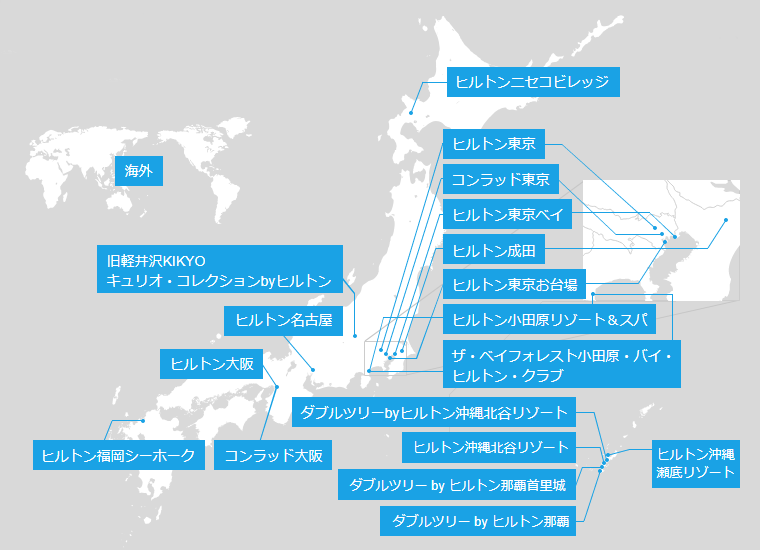 日本地図にヒルトンホテルをマッピング